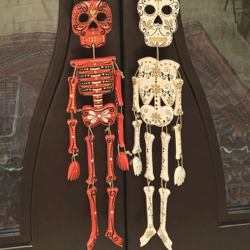 Vibrant Red and White Skeletons - Hanging Halloween Decor